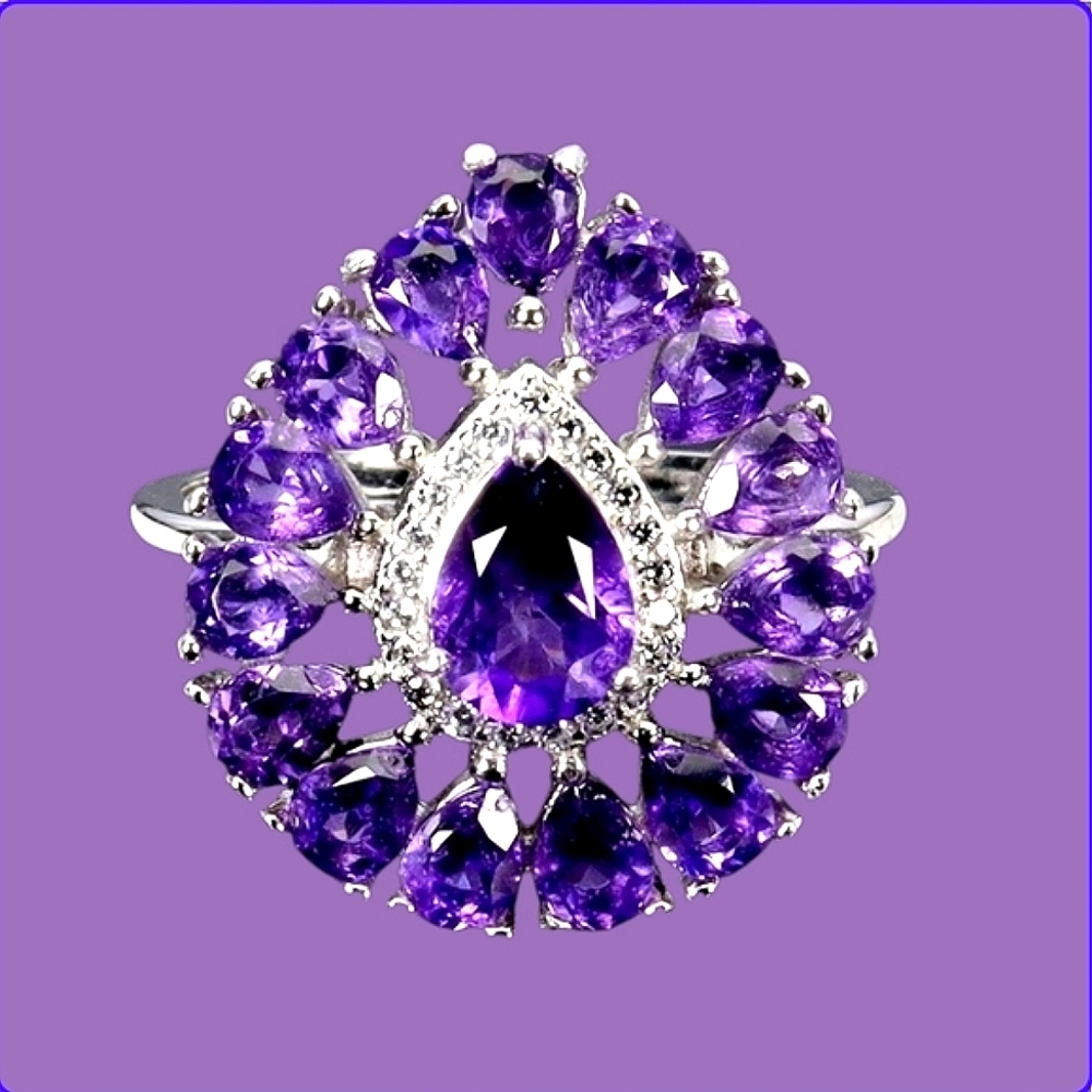 925 Sterling Silver Ring Sz 7 with Natural Amethyst 7x5mm & CZ